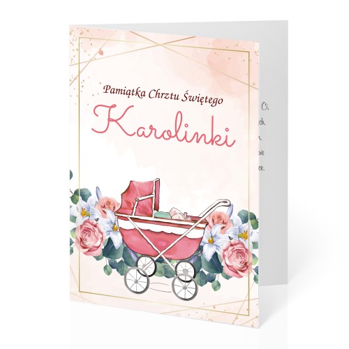 Kartka na chrzest dla dziewczynki - Z wózeczkiem