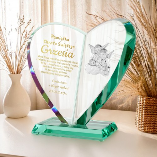 Statuetka serce z Aniołkami i grawerem na chrzest - W dniu chrztu