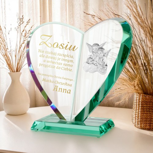 Statuetka serce z Aniołkami i grawerem na chrzest - Szczęście