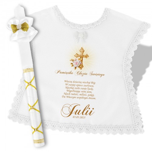 Szatka i świeca z nadrukiem na pamiątkę chrztu świętego - Złoty krzyż