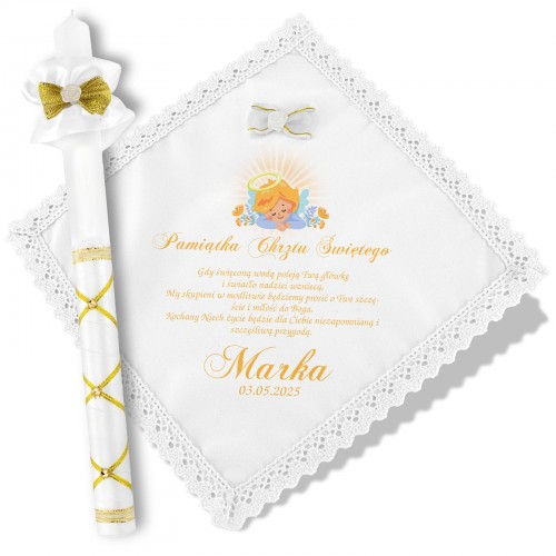 Szatka i świeca do chrztu z nadrukiem - Śpiący aniołek