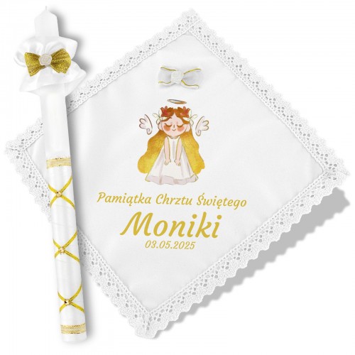 Szatka i świeca do chrztu z nadrukiem - Złoty anioł