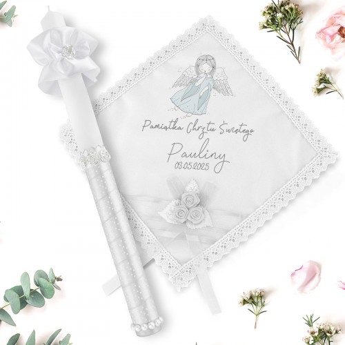 Komplet do chrztu świeca i szatka z nadrukiem - Anielica