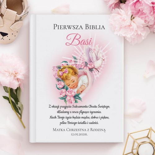 Biblia dla dzieci z nadrukiem na chrzest dla dziewczynki - Gołąbek
