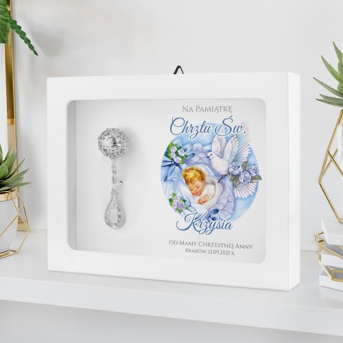 Srebrna grzechotka w ramce z nadrukiem na chrzest - Błękitne kwiaty