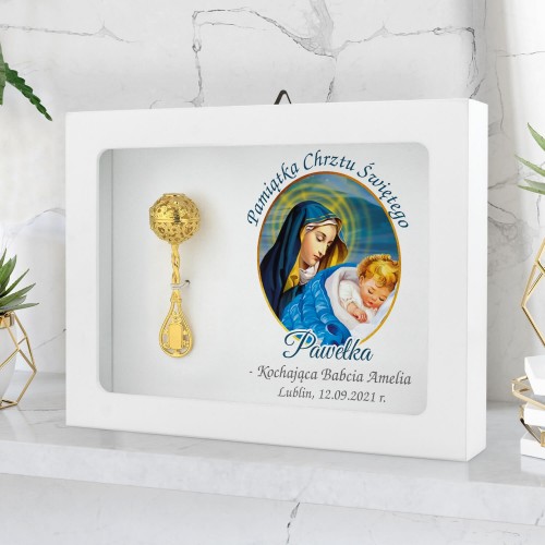 Pozłacana grzechotka w ramce z nadrukiem na chrzest - Opiekunka