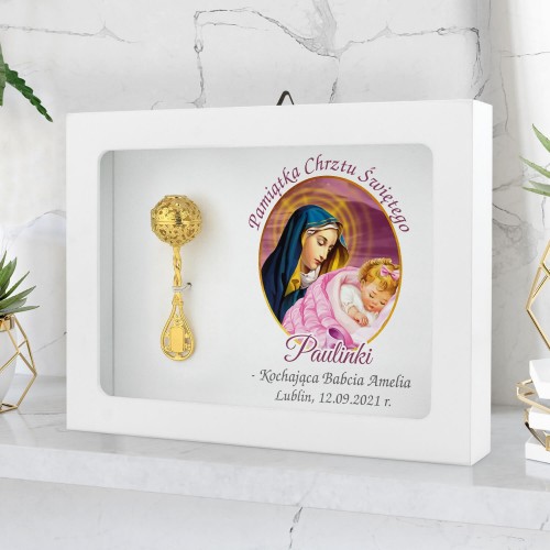 Pozłacana grzechotka w ramce z nadrukiem na chrzest - Matka Boska