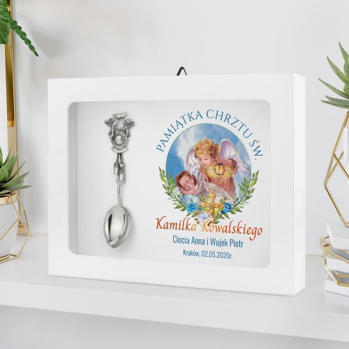 Srebrna łyżeczka w ramce z nadrukiem na chrzest dla chłopca - Aniołki