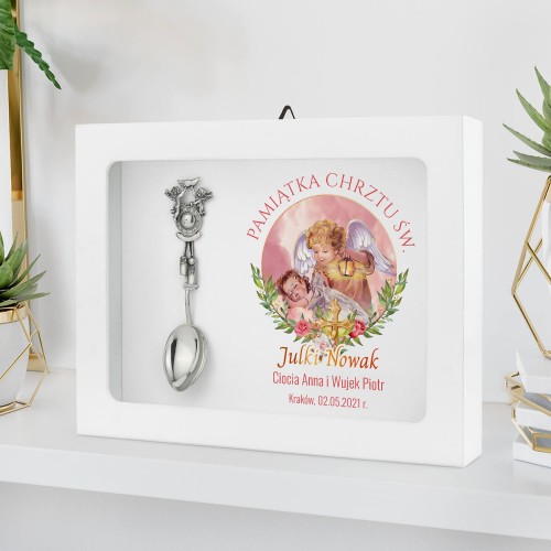 Srebrna łyżeczka w ramce z nadrukiem na chrzest dla dziewczynki - Cherubiny
