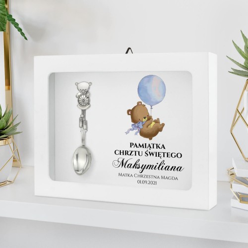 Srebrna łyżeczka Miś w ramce z nadrukiem na chrzest - Niebieski balonik