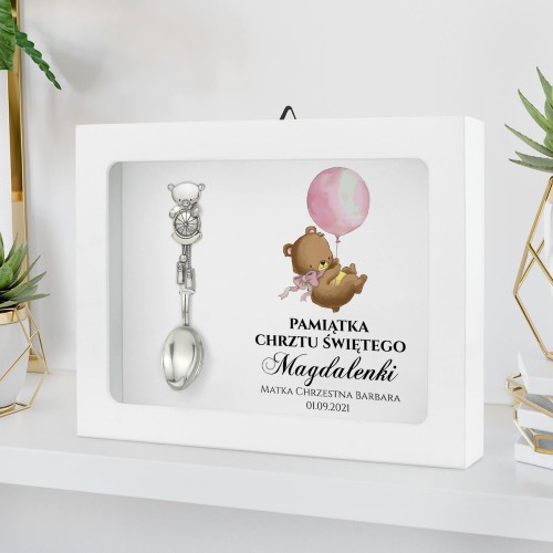 Srebrna łyżeczka Miś w ramce z nadrukiem na chrzest - Uszatek