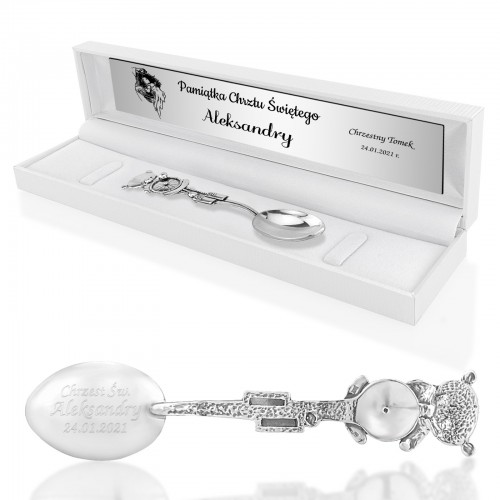 Srebrna łyżeczka z grawerem na chrzest - Miś