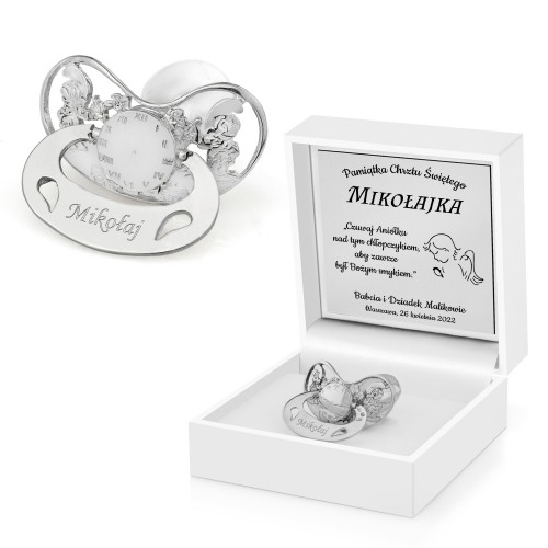 Srebrny smoczek w etui z grawerem - Smerfy