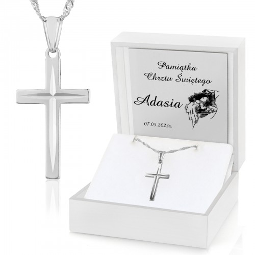 Srebrny krzyżyk z łańcuszkiem na chrzest - Chrzcielnica