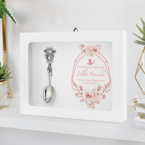 Srebrna łyżeczka w ramce z nadrukiem na chrzest dla dziewczynki - Jasność