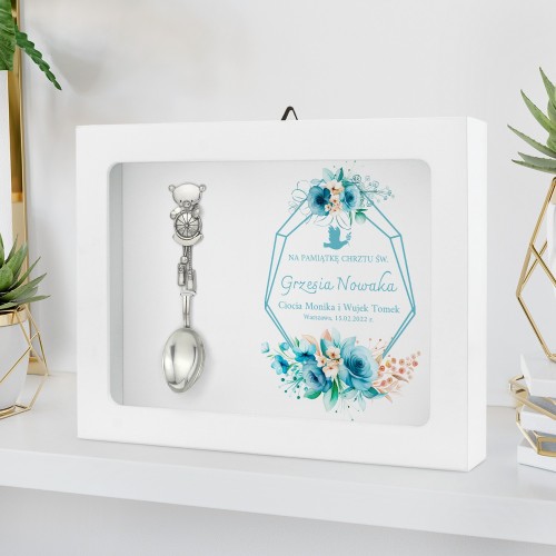 Srebrna łyżeczka Miś w ramce z nadrukiem na chrzest - Błękitne kwiaty