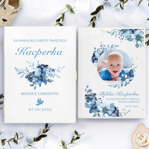 Biblia w drewnianym etui na chrzest dla chłopca - Biel i błękit