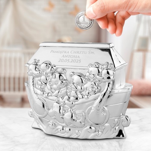 Skarbonka Arka Noego srebrna z grawerem - Biblijne melodie