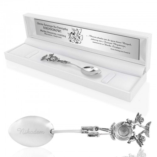 Srebrna łyżeczka w etui z grawerem na chrzest - Talizman