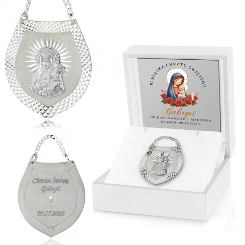 Ryngraf srebrny z Matką Boską z grawerem na chrzest - Credo