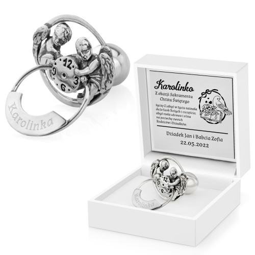 Srebrny smoczek z grawerem na chrzest - Aniołki