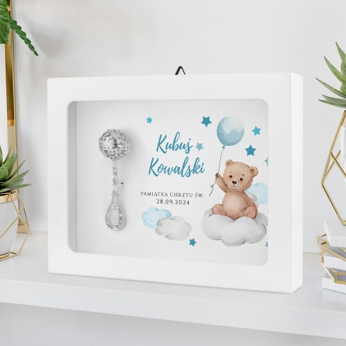 Srebrna grzechotka w ramce z nadrukiem na chrzest - Chmurka