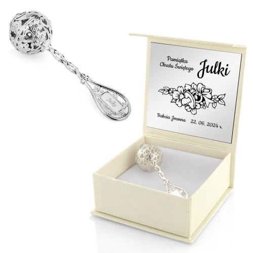 Srebrna grzechotka na chrzest z grawerem dla dziewczynki - Migotka