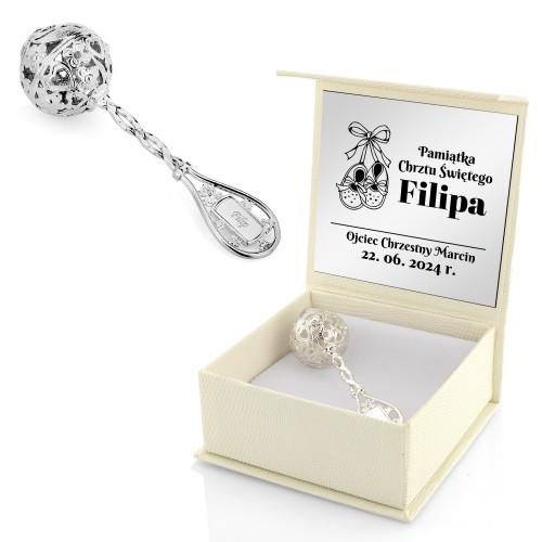 Srebrna grzechotka na chrzest z grawerem dla chłopca - Wielki krok