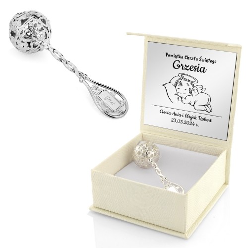 Srebrna grzechotka na chrzest z grawerem dla chłopca - Pokój serca