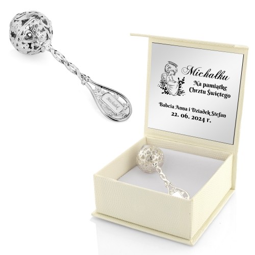 Srebrna grzechotka na chrzest z grawerem dla chłopca - Światło nadziei