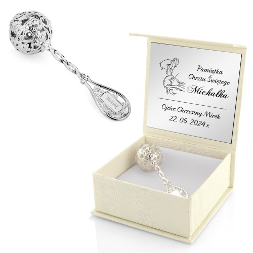 Srebrna grzechotka na chrzest z grawerem dla dziecka - Światło ducha