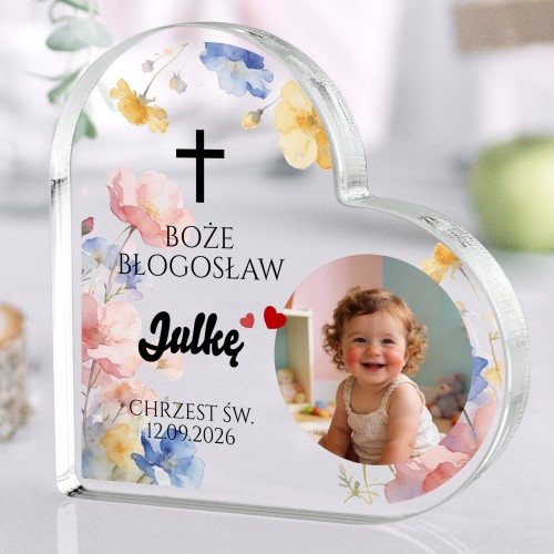 Szklane serce ze zdjęciem i nadrukiem na chrzest dla dziewczynki - Boże błogosław