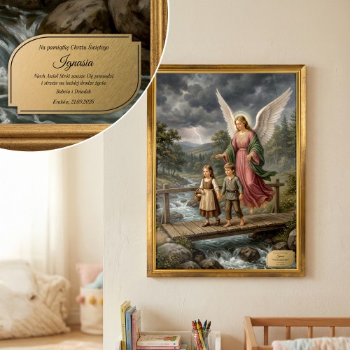 Obraz Anioł Stróż (50 x 70 cm) w złotej ramie na chrzest chłopca - Anielska opieka