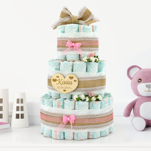 Tort z pampersów 3 z grawerem dla dziewczynki - Różowe kokardy