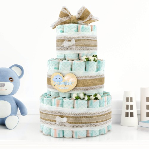 Tort z pampersów 3 z nadrukiem dla chłopca - Niebieska chmurka