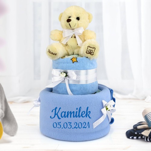 Tort z pampersów 2 z haftem dla chłopca - Białe kokardy