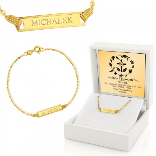 Złota bransoletka pr. 585 na komunię z grawerem - Wiara, nadzieja, miłość
