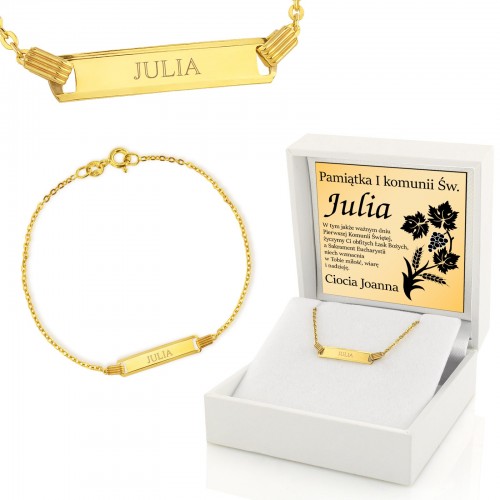 Złota bransoletka pr. 585 w etui z grawerem na komunię - Winorośl