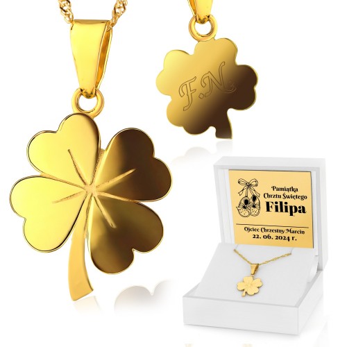 Złota koniczynka z łańcuszkiem (pr. 585) i grawerem na chrzest - Owieczka