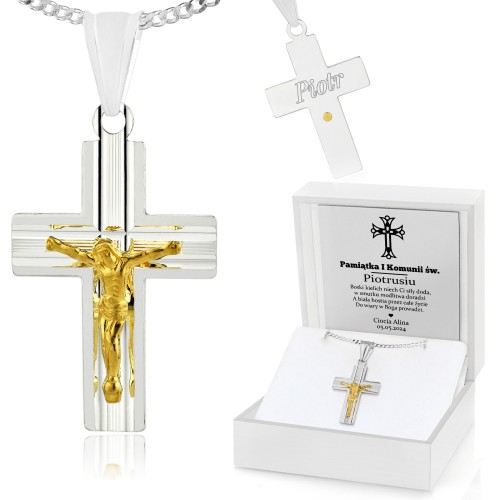 Srebrny medalik z łańcuszkiem pr. 925 i grawerem na komunię - Święty krzyż