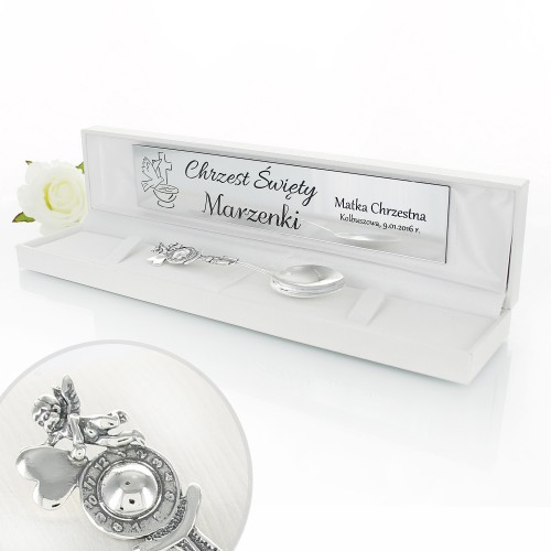 Srebrna łyżeczka w etui z grawerem - Amorek z Sercem