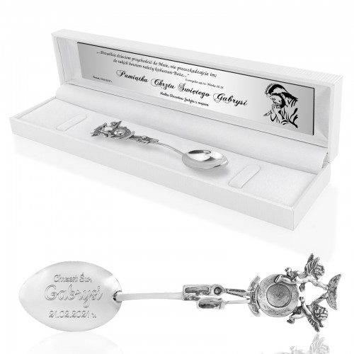 Srebrna łyżeczka w etui z grawerem - Aniołki z Gołębicą