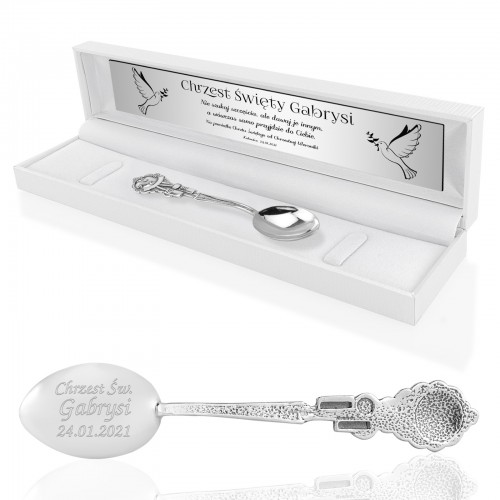 Srebrna łyżeczka w etui z grawerem - Gołąbki