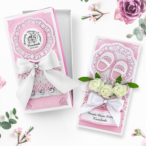 Pamiątka chrztu kartka DL w pudełku z personalizacją życzeń