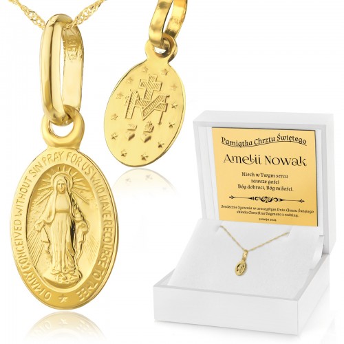Złoty medalik Matka Boska i łańcuszek pr. 585 z grawerem - Bóg dobroci