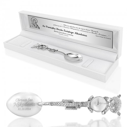 Srebrna łyżeczka Miś w etui z grawerem na chrzest - Odrodzenie