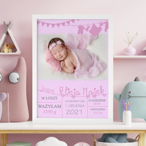 Obraz na płótnie w ramce (30x40) z metryczką na chrzest - Witaj