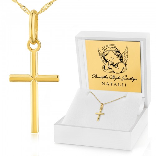 Złoty krzyżyk na łańcuszku pr. 585 na chrzest - Skarb Bożej łaski
