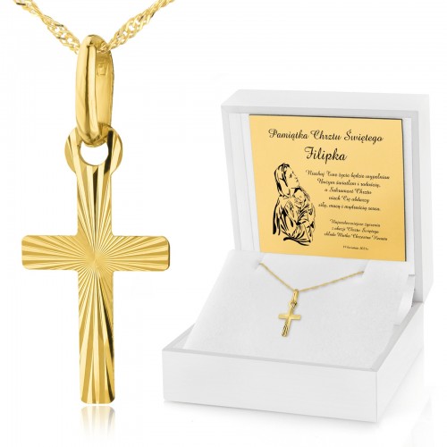 Złoty krzyżyk z łańcuszkiem pr. 585 na chrzest - Szczęście już idzie