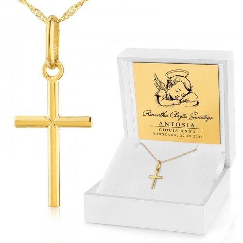 Złoty krzyżyk z łańcuszkiem pr. 585 w etui na chrzest - Cherubin